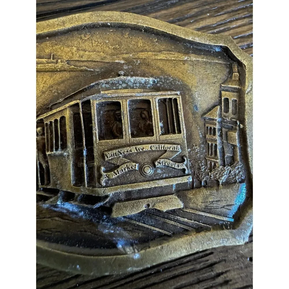 Vintage 1977 San Francisco cable car belt buckle; Indiana Metal Craft Co.